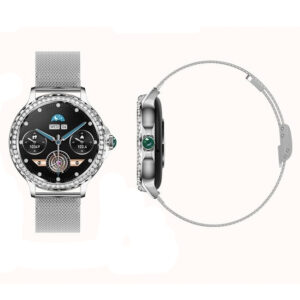 Smartwatch srebrny różowy zegarek fitness damski ozdobny