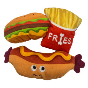 Zabawka dla psa zestaw 3 sztuk fast food burger frytki z piszczałką