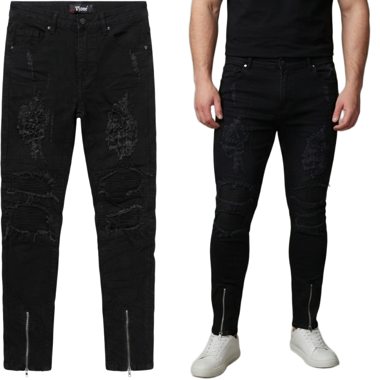 Czarne Spodnie Męskie Slim Jeansy z przetarciami L W36