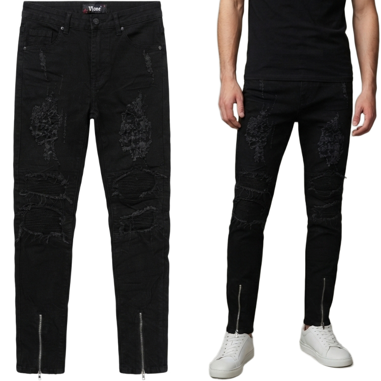 Czarne Spodnie Męskie Slim Jeansy z przetarciami XS/S W31